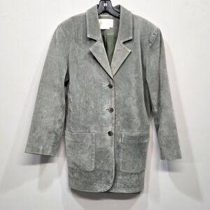 Margaret Godfrey Nubuck Leather Jacket 10 Sage Green Long Vintage 90s Minimalist